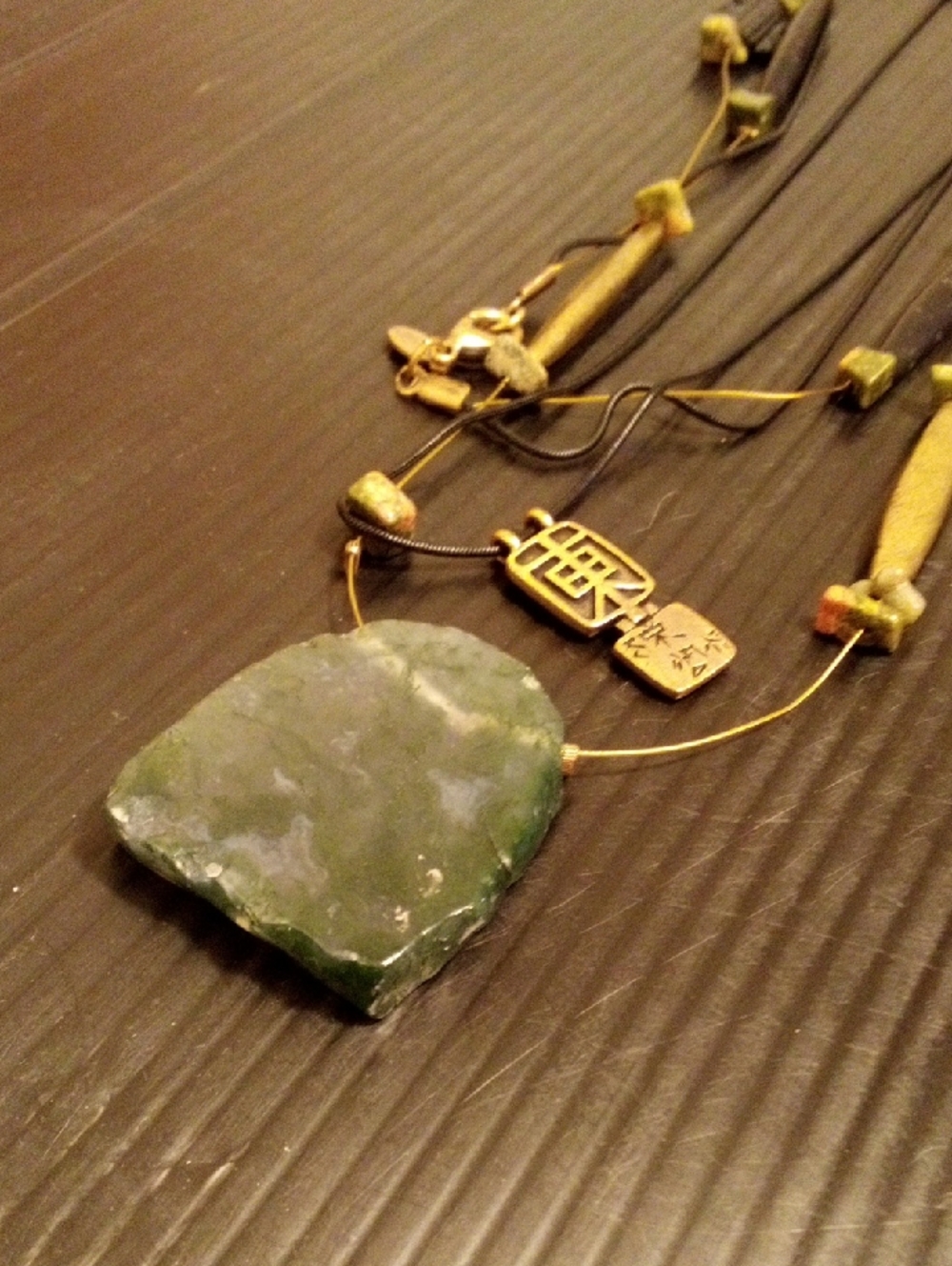 Chico's Green Stone Pendant Necklace with Gold Accents